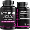 Supplément Nattokinase 4000 FU CoQ10 100mg Extrait d'écorce de pin Maritime 200mg avec enzymes pour support circulatoire et cardiovasculaire (Pack de 1 à 120-Caps)