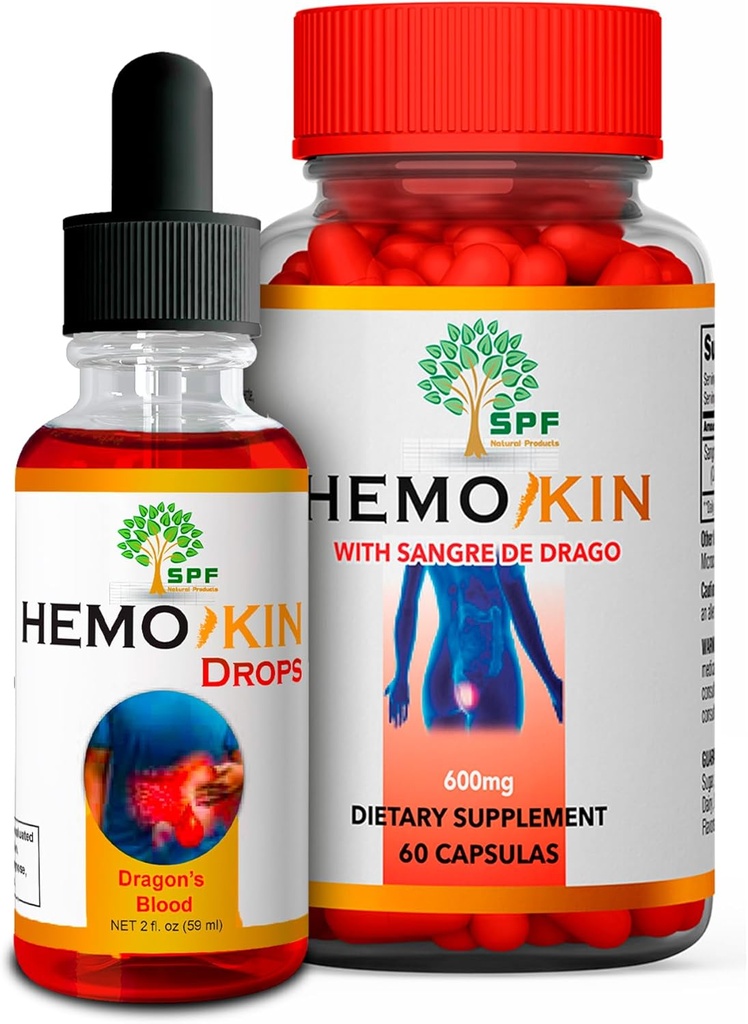 HEMOKIN Kapseln & SPF HEMOKIN Tropfen mit Sangre de Drago | Hämorrhoid, Fissure & Wound Relief | Reduziert Juckreiz, Schwellung, Schmerz | Verdauungs- und Heilungsunterstützung | 60 Caps + 2 Oz