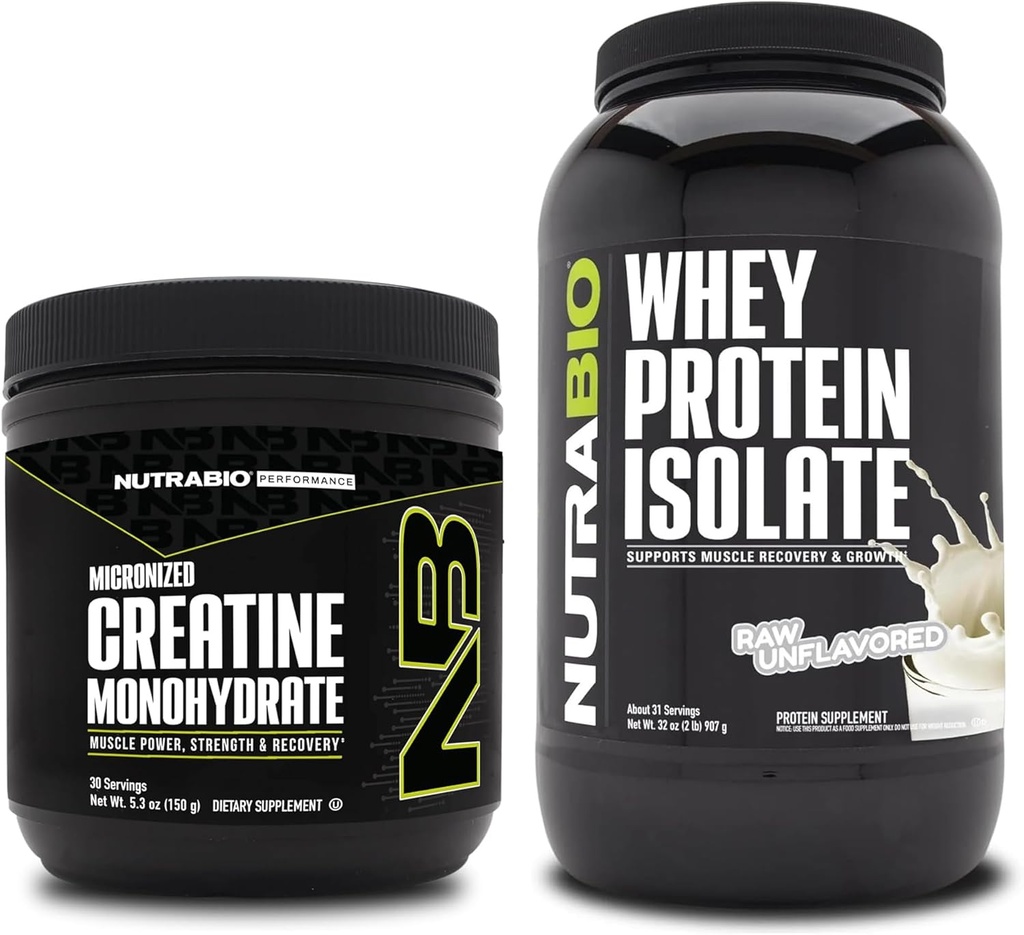 NutraBio Creatine Monohydrat, Unflavored, 150g und Whey Protein Isolate, Unflavored, Supplement Bundle - Muskelenergie, Lean Muskelwachstum, Erholung und Stärke