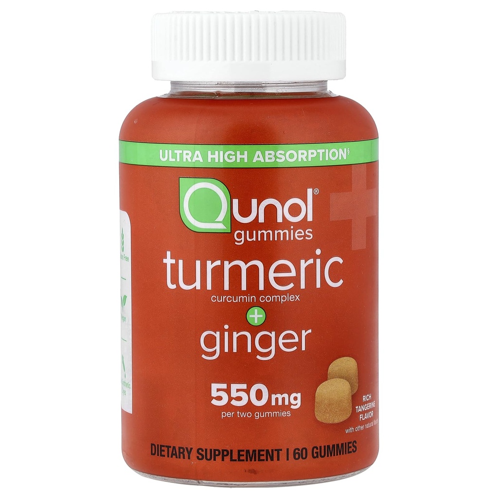 Qunol Turmeric und Ginger Gummis, Gummy mit 500mg Turmeric + 50mg Ginger, Joint Support Supplement, Ultra High Absorption Tumeric und Ginger, Vegan, Glutenfrei, 1 Monat Versorgung 60ct Gummis