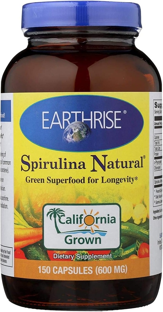 Earthrise Spirulina Natural 600 mg -150 Kapsel, Natürliche Premium Spirulina aus Kalifornien- Vegan, Glutenfrei, Keto Friendly, Non -GMO Super Food hoch in Vitaminen und Mineralien.