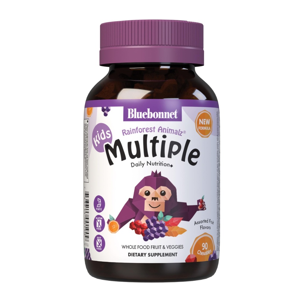 Bluebonnet Nutrition Rainforest Animalz Whole Food Based Tablets multiple masticabili, Kids Multivitamin & Mineral, Vitamina C, D3, Iron, Gluten Free, Milk Free, Kosher, 90 Chewable Tablets, Mixed Flavors
