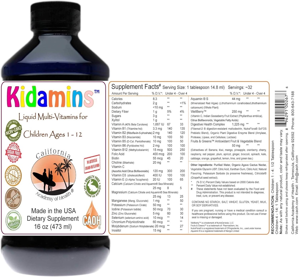 Kidamins - Liquido Multi Vitamine per Bambini Età 1 Attraverso 12 da CAOH® (1-16 oz Bottiglia)