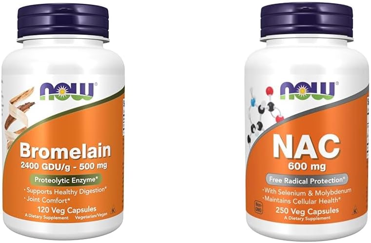 MAINTENANT Suppléments, Bromelain 2 400 GDU/g - 500 mg, Enzyme protéolytique naturelle*, 120 capsules et suppléments de légumes, NAC 600 mg avec sélénium et molybdène, 250 capsules de légumes