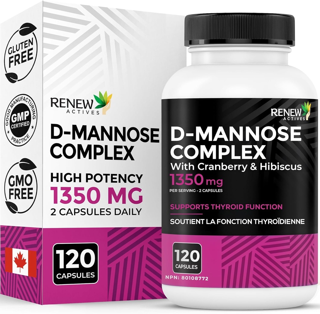 Renew Actives High Potency D-Mannose & Cranberry Complex 1000MG per 2 capsule – con Hibiscus & Dandelion Extracts – Antioxidant Blend – No Artificial Flavours - Made in Canada - 120 capsule