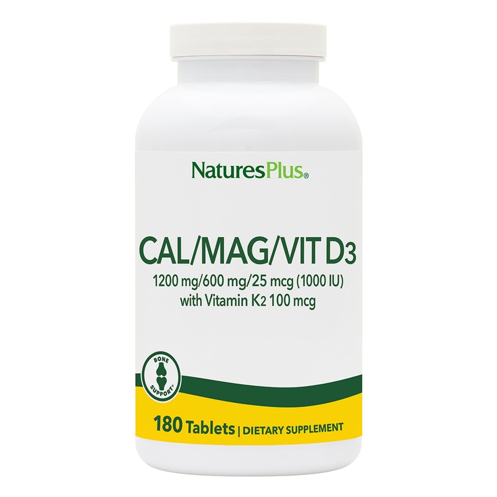NaturesPlus Calcium/Magnesium/Vitamina D3 con Vitamina K2 - Supporta la Salute Bone & Immune - Vegetariano, Senza Glutine - 180 Compresse - 45 Serve