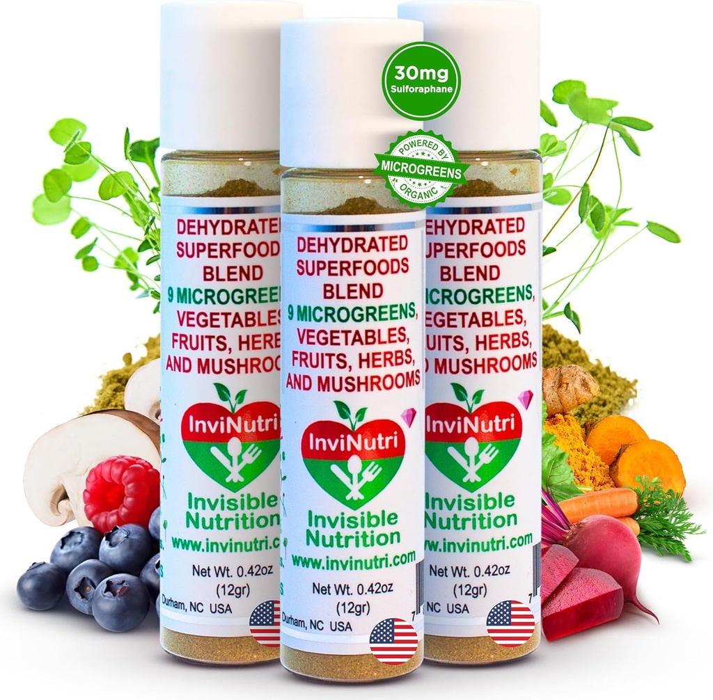 InviNutri Superfood-Pulver für Picky Eaters – Unvorteilhaft, sensory-Friendly – 40x Nährstoff-Rich, 30mg Sulforaphane – Bio Microgreens, Fruits & Veggies – Blends Unsichtbar In die meisten Mahlzeiten - 72 serv.