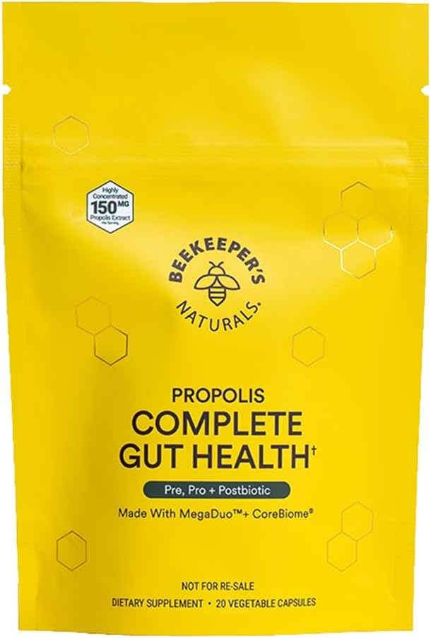 Natürliche Imker Vollständige Gut-Gesundheit, 3-in-1 Präbiotikum, Postbiotika, Probiotika für Verdauungs-Gesundheit & Bloating Relief für Frauen und Männer, Propolis Powered, Glutenfreie Vegan-Kapseln, 20ct