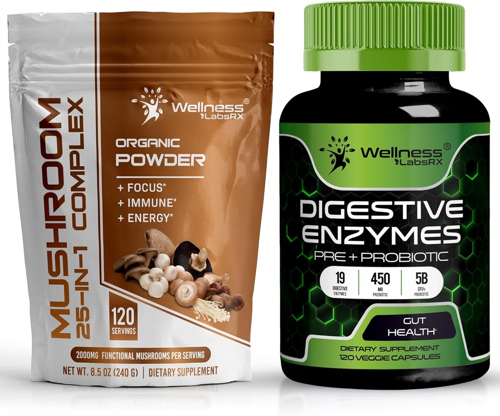 WELLNESS LABSRX Mushroom Powder 2000mg - Enzimi digestivi con probiotici e prebiotici