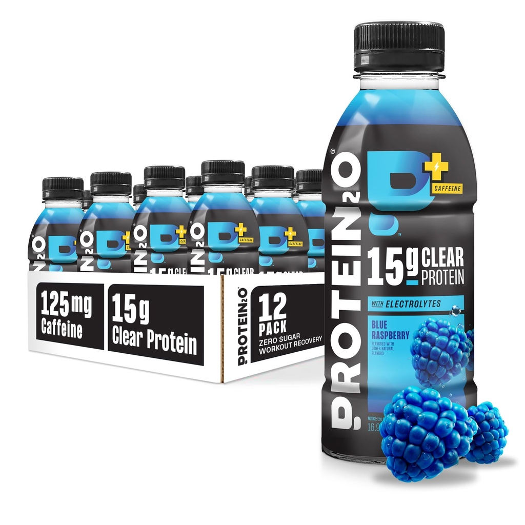 Protein2o 15g Whey Protein Isolate Hydration Drink Plus Energy & Focus, 350 mg di Electrolytes, 125 mg di caffeina, Sugar Free, Blue Raspberry, 16.9 oz Bottiglia (Pack of 12)
