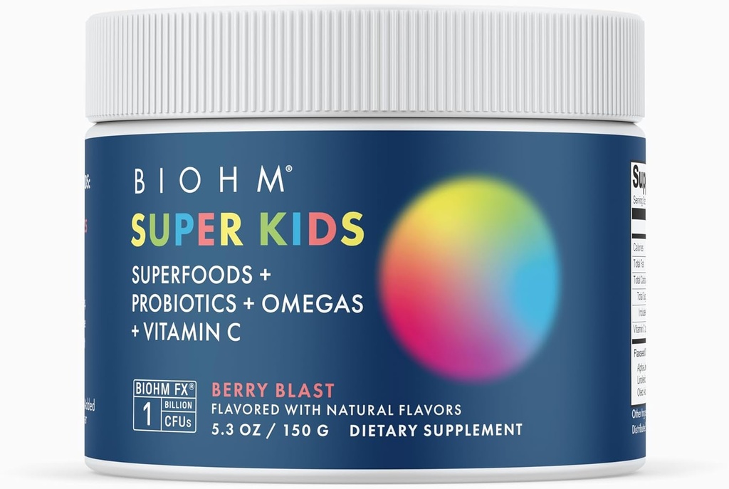 BIOHM Super Kids Superfood Powder Plus Probiotics, (5.3 Oz, 30 Portionen) Delicious Berry Blast, Antioxidantien, Omega 3 & Vitamin C, Non-GMO, Dairy Free, Keine künstlichen Zutaten, Vegetarisch, Alter 4+