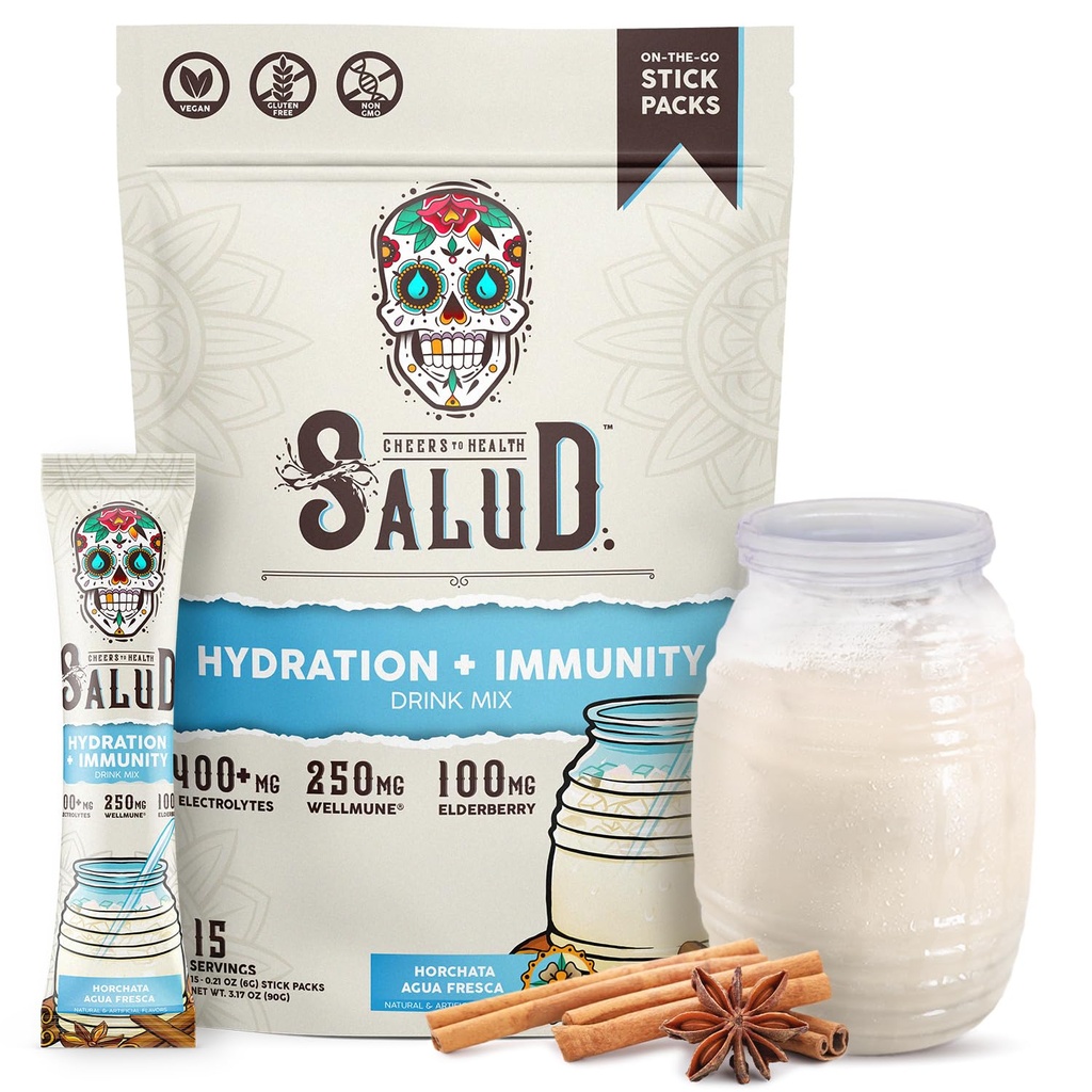 Salud 2-in-1 Hydration Packets + Immunität Elektrolyte Pulver, Horchata - Agua Fresca Drink Mix, Elderberry, Dairy & Soy Free, Non-GMO, Glutenfrei, Vegan, Low Calorie, 1g Zucker (15 Servierungen)
