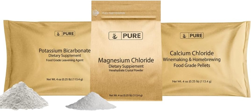 Ingrédients originaux purs Bicarbonate de potassium, chlorure de magnésium et ensemble de chlorure de calcium, 4 oz chacun, sans danger alimentaire
