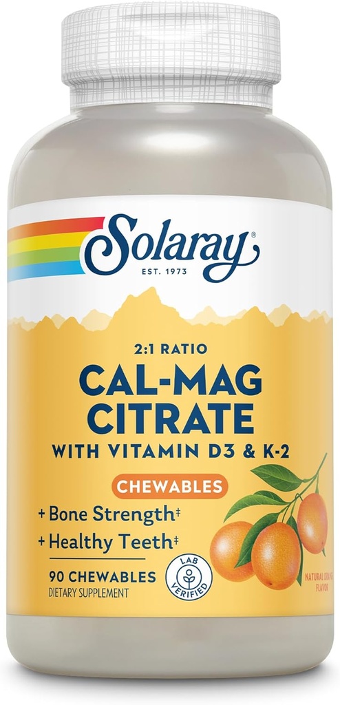 Solaray Cal-Mag Citrate Plus D-3 & K-2 Orange Chewables | 90 Conte