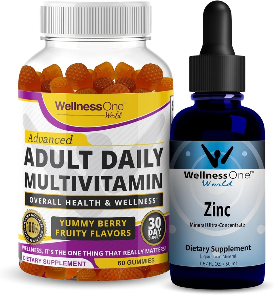 BenessereOne Liquido Zinco & Adulto Multivitaminico Gummy - Benessere completo Bundle per l'energia, Immune, Pelle, & Salute del cervello - 1.67 fl oz Gocce di zinco & 60 Mix Berry Aromaed Adult Gummy Multivitamins