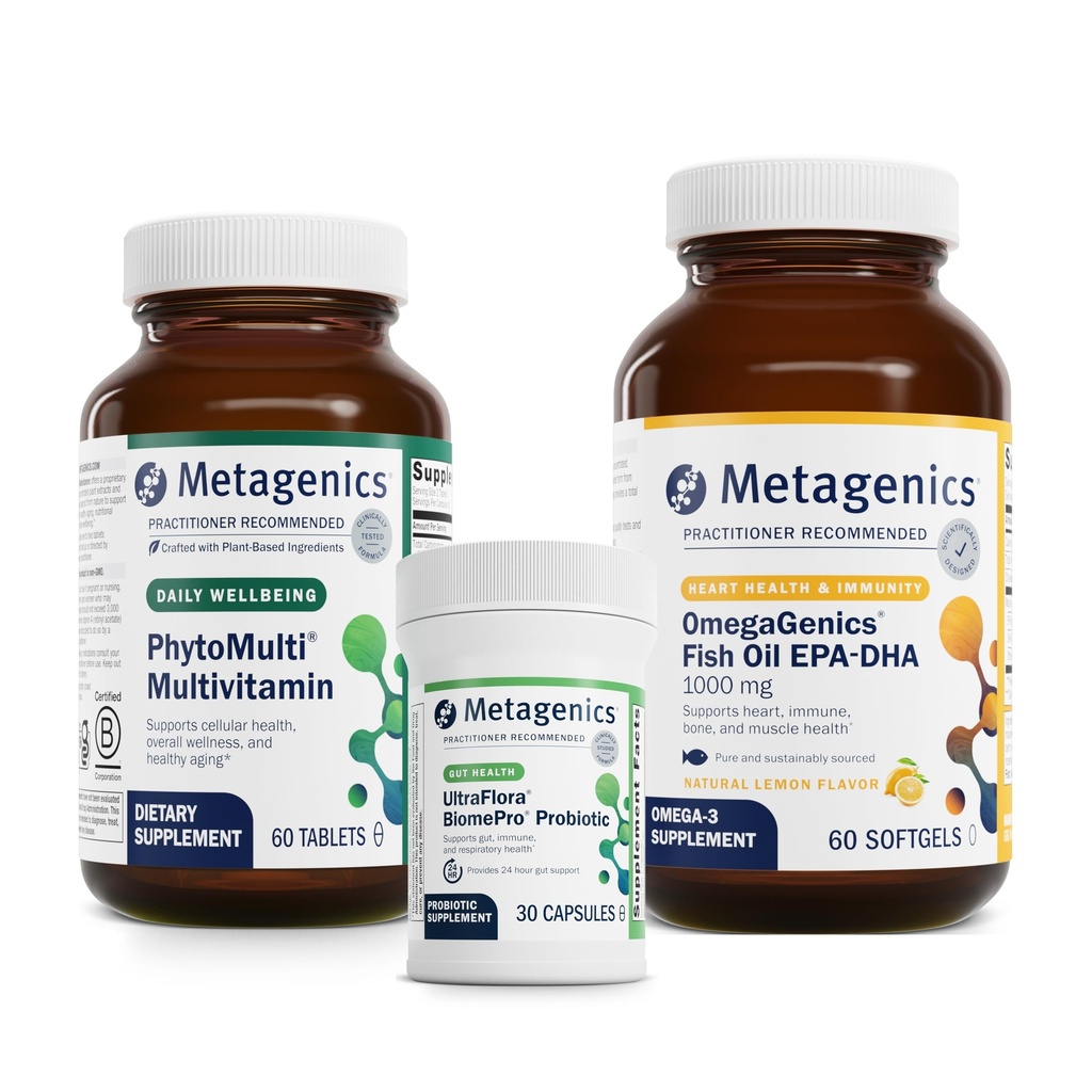 Métagène PhytoMulti - 60 comprimés, OmegaGenics EPA-DHA 1000-60 Softgels et UltraFlora BiomePro - 30 capsules