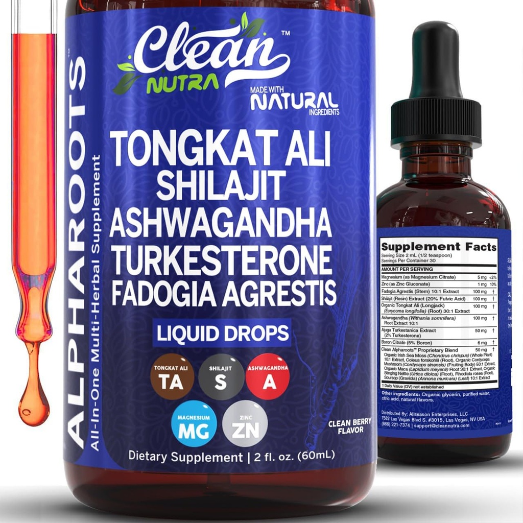 Tongkat Ali Liquid Drops Shilajit, Ashwagandha, Turkesterone, Fadogia Agrestis, Magnesium, Irish Sea Moss und Zink Kräuterergänzung von Clean Nutra