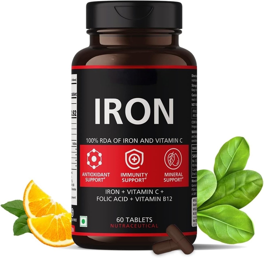 Eisen Ergänzung für Frauen und Männer mit Vitamin C, Folsäure & Vitamin B12 - Eisen Tabletten helfen Energie zu unterstützen - 60 Veg Tabletten