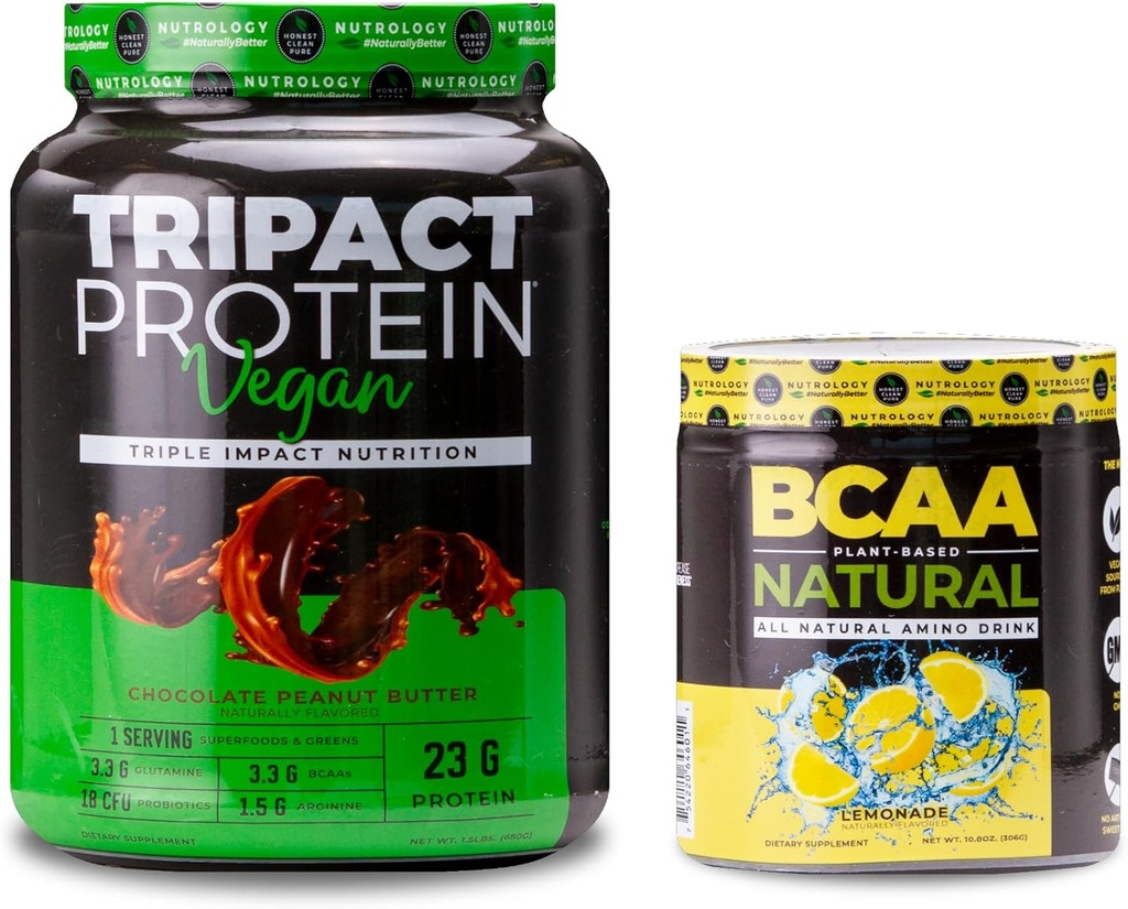 Nutrologie TRIPACT Poudre de protéines végétales, pour les shakes de protéines végétales, beurre d'arachides au chocolat (20 portions) BCAA Poudre de BCAA naturelle, à base végétale, limonade (30 portions)