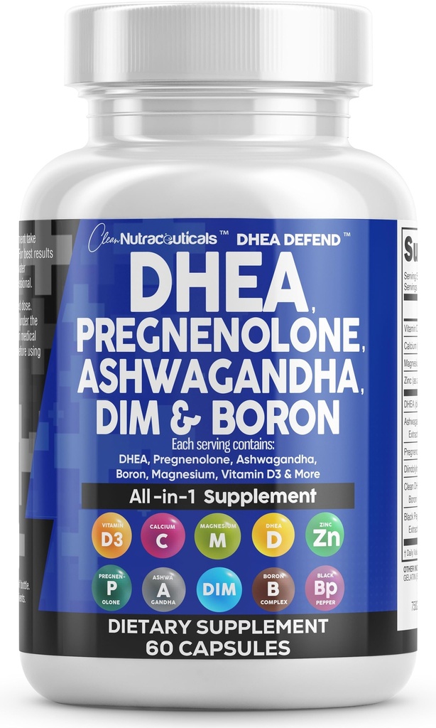 DHEA 200mg Supplément Pregnénolone 100mg pour les hommes et les femmes avec DIM Ashwagandha Boron 6mg Complexe Calcium Magnésium Zinc 50mg Vitamine D3 5000 UI Hormone Support Capsules Pills Fabriqué aux États-Unis 60 Compte