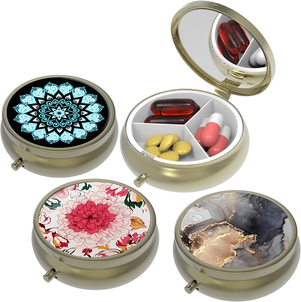 Small Pill Box,Pill Case for Purse&Pocket,3 scomparti Travel Pill Case Medication Organizer Storage for Vitamins, Pills, Fish Oil e Orecchini, Studs,Bronze-3Round