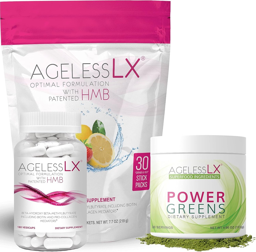 AgelessLX Biotin Supplement Kapseln, Erdbeer-Lemonade & Power Greens Powder Bundle - Anti Aging Supplements
