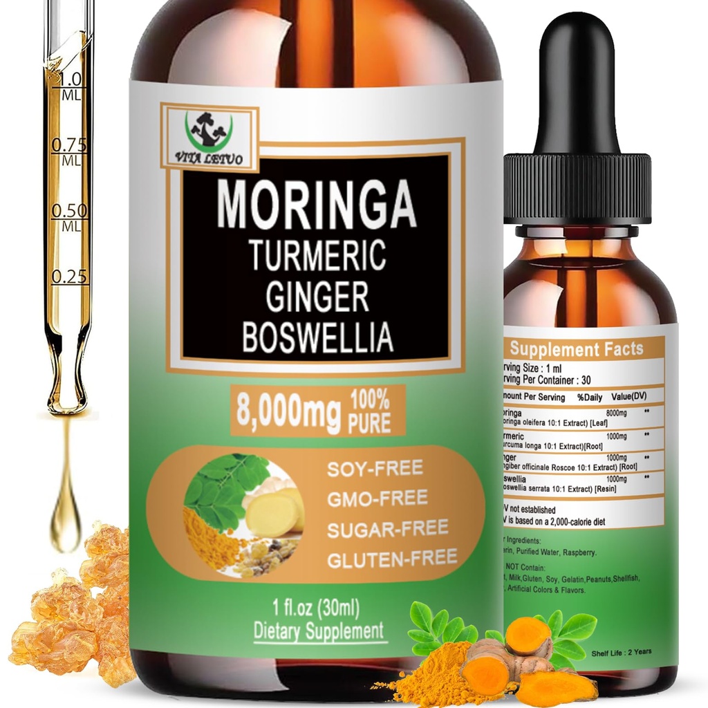 Moringa Drops - Bio Moringa Blatt Extrakt Flüssigkeit mit Turmeric Ginger Boswellia für Energie, Hautgesundheit, Gut Gesundheit - Hohe Absorption Green Superfood w/Essential Vitamine & Aminosäuren