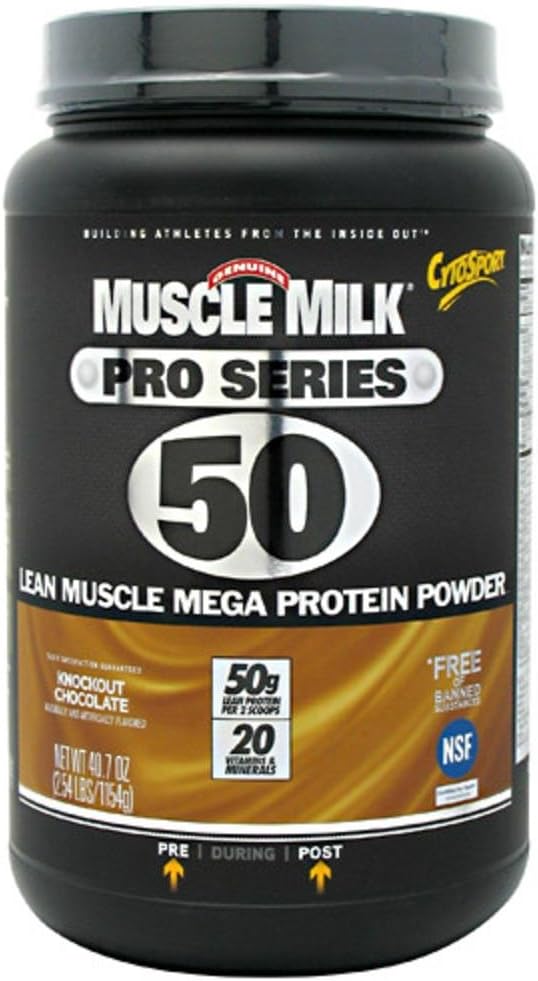 Muscle Milk Pro Series Protein Powder Supplement, Knockout Chocolate, 2.54 Pound, 14 Serve, 50g Protein, 3g Zucchero, 20 Vitamine & Minerali, NSF Certificato per lo sport, Packaging May Vary