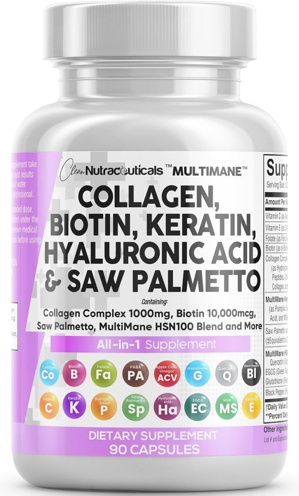 Saubere Nutraceuticals Collagen Pillen 1000mg Biotin 10000mcg Keratin Saw Palmetto Hyaluronsäure - Haar Haut und Nägel Vitamine & DHT Blocker mit Vitamin E Folsäure Kürbis Seed MSM - 90 Count