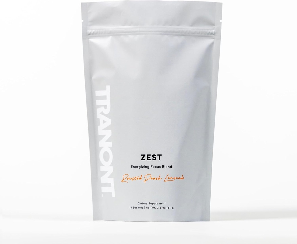 Tranont Zest Energizing Focus Blend | Polvere roasted Peach Lemonade Energy | senza glutine, senza zucchero con tè verde L-teanina, vitamine e antiossidanti per energia, messa a fuoco e salute | 15 Sticks