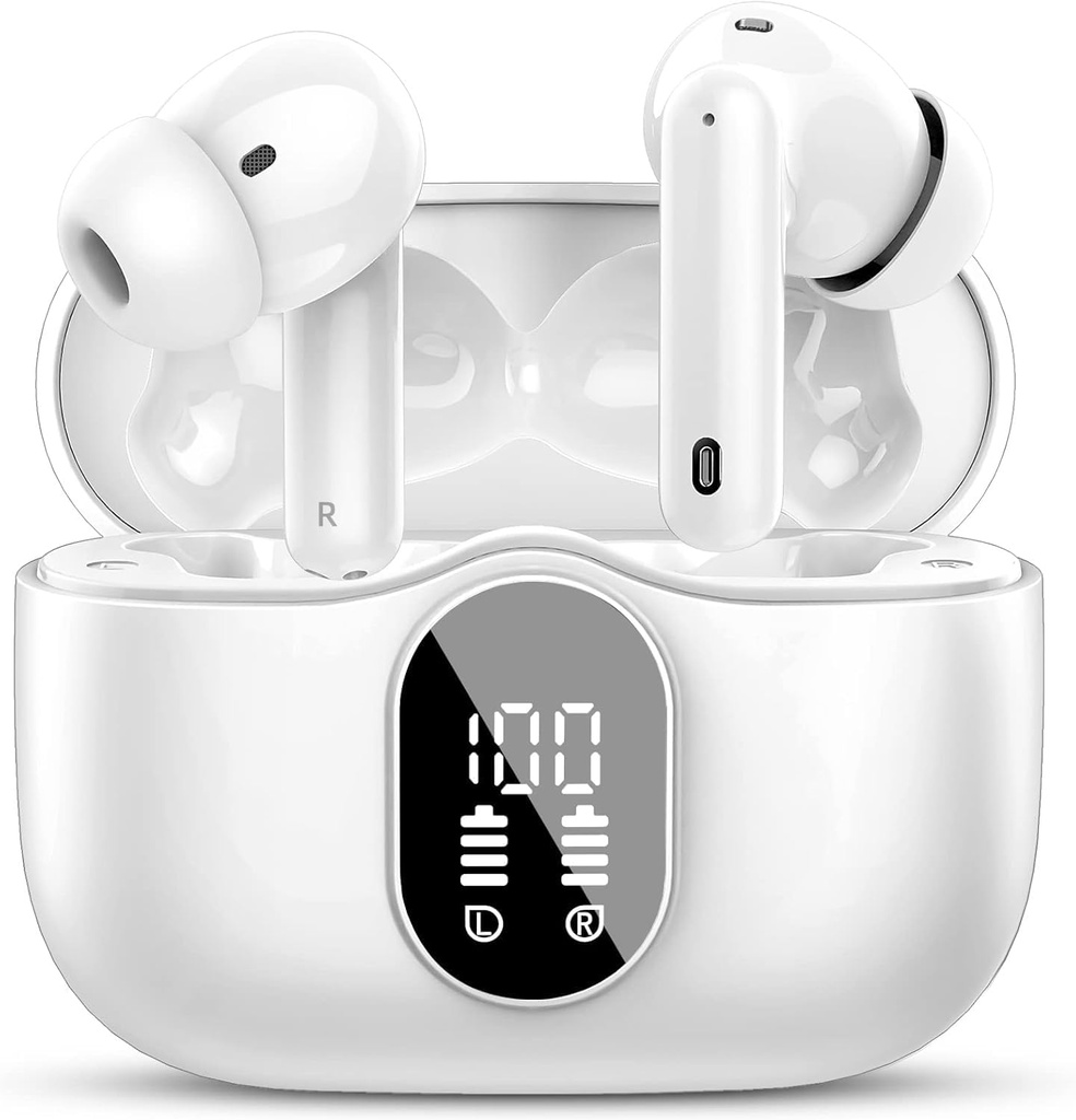 Btootos Wireless Earbuds Bluetooth 5.4 Cuffie Bass Stereo Ear Buds con rumore Cancelling Mic LED Display in auricolari IP7 Impermeabile 36H tempo di riproduzione per laptop Pad Telefoni Sport Workout Bianco