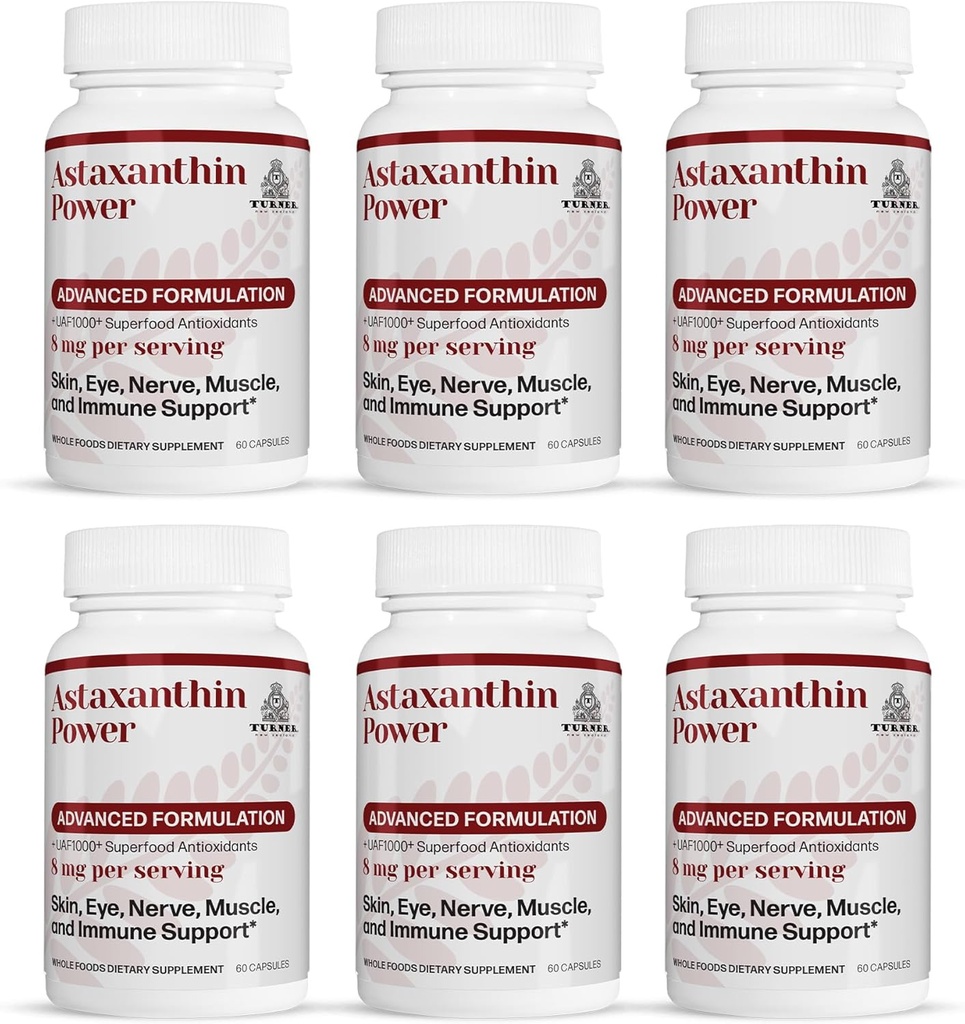 TURNER Neuseeland Astaxanthin Power mit UAF1000+, Anti-Aging, Haut, Auge, Nerve, Muskel-Recovery, Immununterstützung Antioxidans Supplement, 12mg Astaxanthin, 180 Servietten, 6 Flaschen