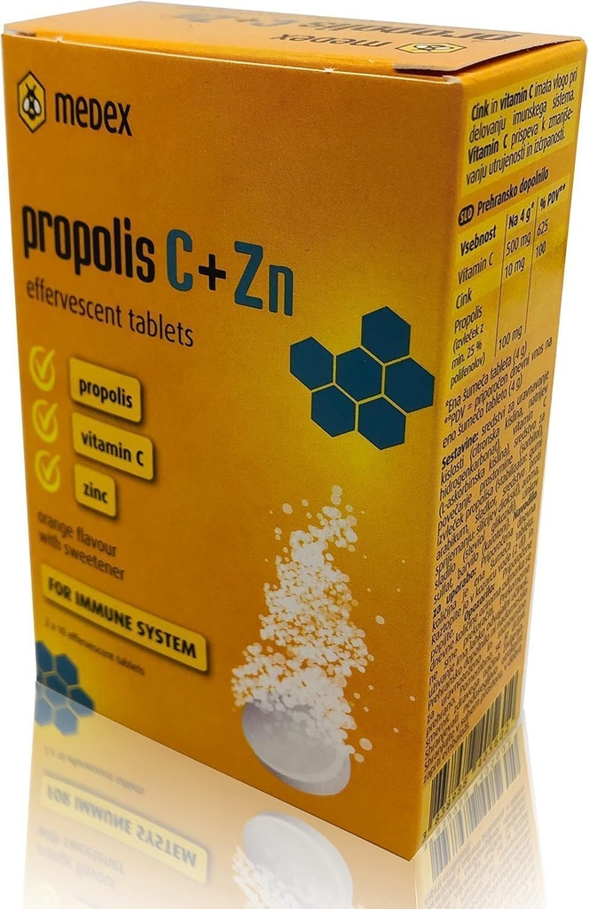 MEDEX Natural Bee Propolis Tablets - Vitamina C con Zinc Effervescent Tablets for The Maintenance of Immune Support Extra Defence Supplement – 20 compresse - 80 gm