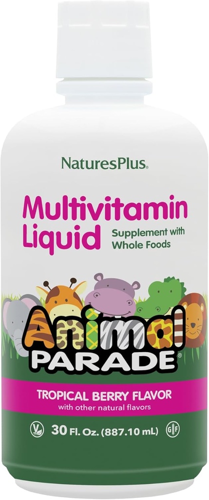 NaturesPlus Parade animale Source de vie Multivitamine liquide pour enfants - Arôme de baie tropicale - 30 fl oz - Complément alimentaire entier - Végétarien, sans gluten - 60 portions