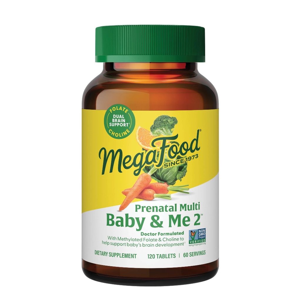 MegaFood Baby & Me 2 Pränatales Vitamin und Mineralstoffe - Vitamine für Frauen - mit Folat (Folic Acid Natural Form), Choline, Eisen, Jod und Vitamin C, Vitamin D und mehr - 120 Tabs (60 Servietten)