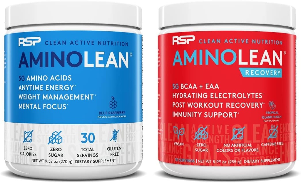 RSP NUTRITION AminoLean Énergie de pré-entraînement (Blue Raspberry 30 portions) avec AminoLean Recovery Post Workout Boost (Tropical Island Punch 30 portions)