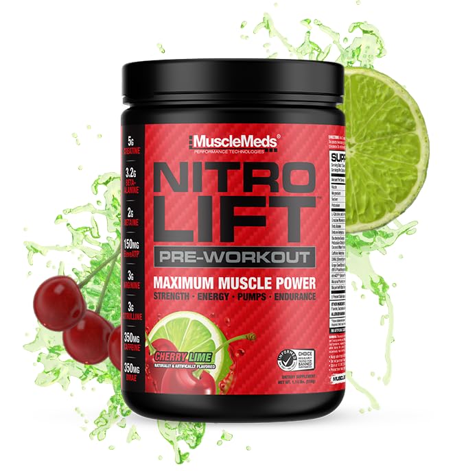 MuscleMeds Nitro Lift Pre Workout Améliorer l'endurance et la performance musculaire, Cherry Lime, 40 portions