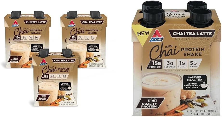 Atkins Chai Tea Latte Protein Shake Bundle con 15g Protein, 3g Net Carb, 1g Sugar (4 Pack) Iced Chai Tea Latte Protein Shake
