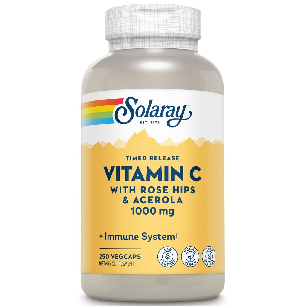 SOLARAY Vitamina C con Rose HIPS & Acerola | Due fasi Timed-Release Formula | 1000mg | 24-Hour Supporto immunitario & Antiossidante Supplemento | 250 Ct.