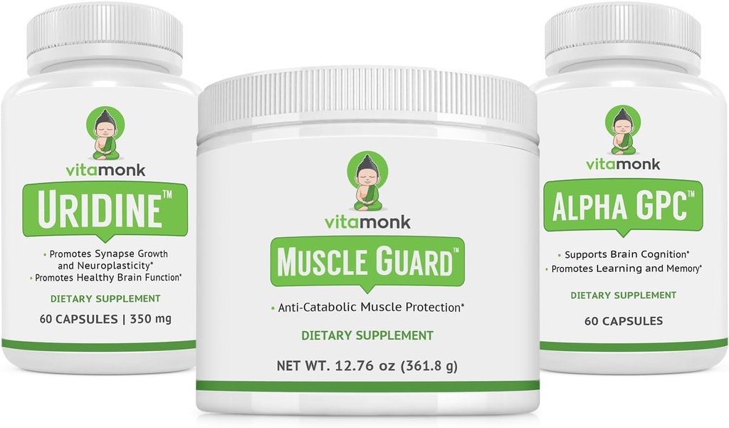 VitaMonk Muscle Guard & Alpha GPC Uridin Stack Bundle, HMB, EAAs, Vitamin D, Magnesium & Brain Unterstützung für Fokus, Klarheit und Muskelwachstum
