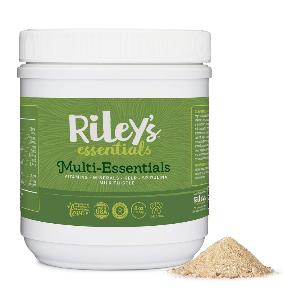 Multi-Essentials di Riley Multivitamina per cani - Vitamine, Minerali, Spirulina, Kelp e Cardo al latte per il supporto nutrizionale - Puppy and Senior Dog Vitamins - 8oz Powder