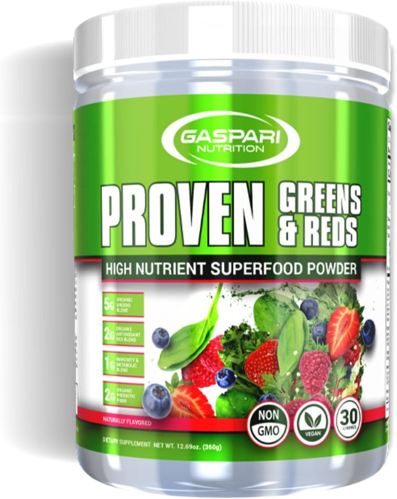 Gaspari Nutrition Greens and Reds: Bio-Superfood-Pulver, Immununterstützung, Probiotika und Fiber, Vegan und Non-GMO (30 Portionen, Natürliche Frucht)