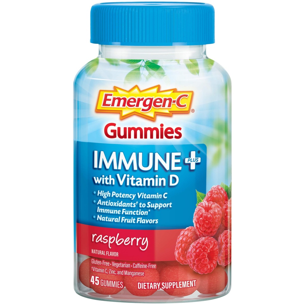 Emergen-C Immune+ Tripla Azione Immune Support Gummies, BetaVia (R), 1000mg Vitamina C, B Vitamine, Vitamine D e Antiossidanti, Raspberry, Back to School Essentials – 45 Conte