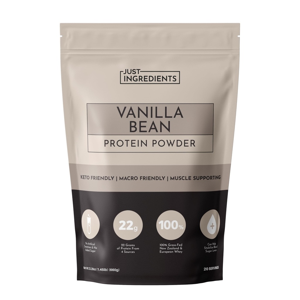 JUST INGRÉDIENTS Poudre de protéines de haricots de vanille – Mélange à 20 portions avec 100% de lactosérum et protéines végétales organiques – Real Vanilla Bean & cannelle – Soutient la récupération musculaire, l'énergie*