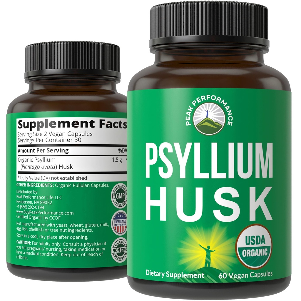 USDA Organic Psyllium Husk Vegan Capsule Realizzati con Organic Psyllium Husk Seed. Supplemento fibra per Gut. Prebiotici Digestivi. Pillole per Digestione, Roughage Senza Bloating. Tavole