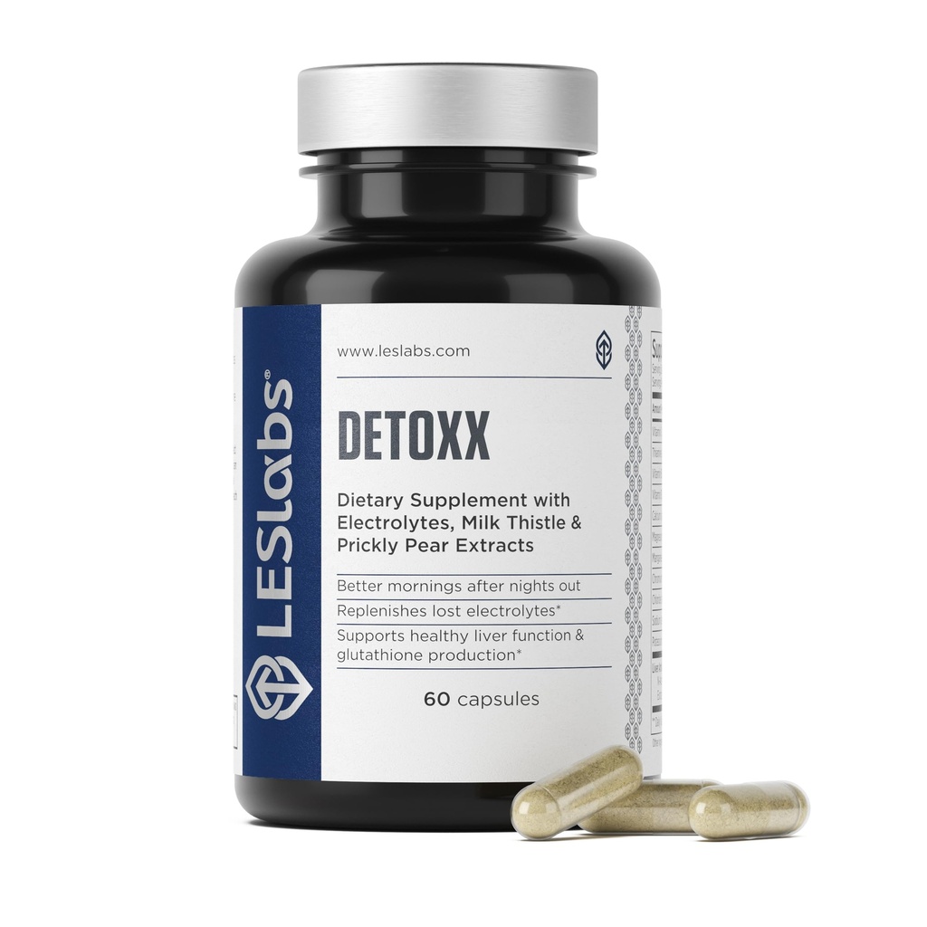 LES Labs DeToxx – Bessere Morgen und Erholung, Liver Support, Elektrolyt Replenishment & Glutathione Support – Prickly Pear, Milk Thistle & NAC – Non-GMO Supplement – 60 Kapseln