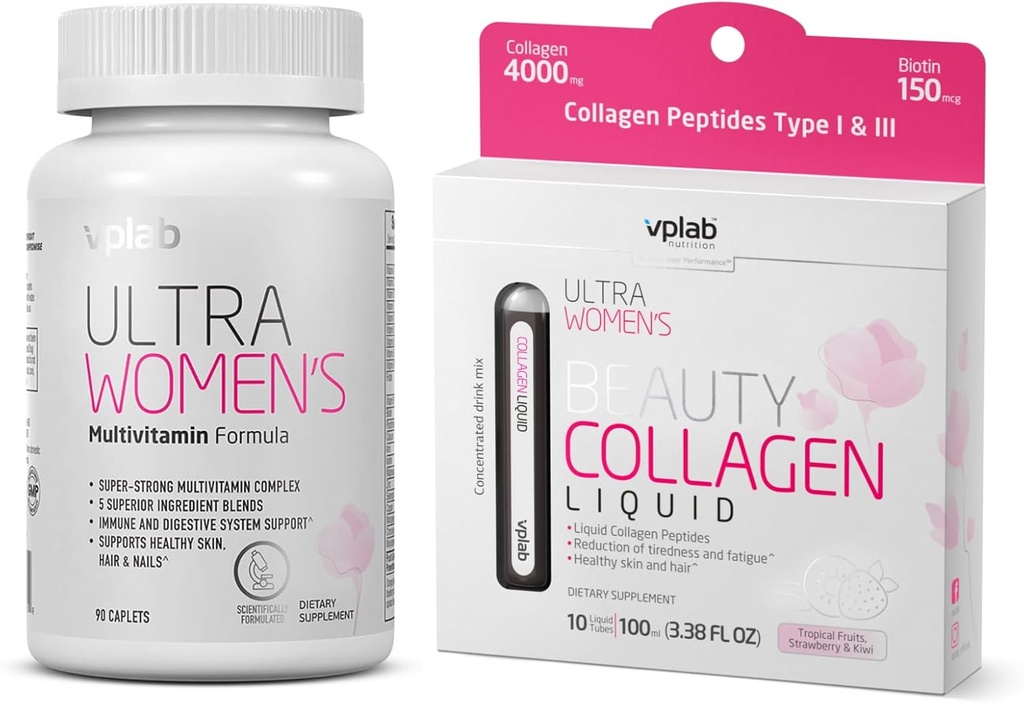 VPLab Beauty Bundle - Caplets Multivitamin & Liquid Collagen per Capelli, Pelle, Unghie - Biotina, Ferro da stiro, Vitamina B, D, C & Zinc - Essential Daily Health Support, 90 Caplets + 10 Tubes