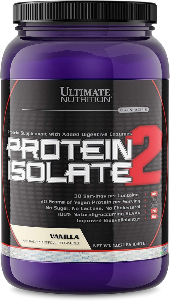 Ultimate Nutrition Vegan Plant Based Protein Isolate Powder - No Sugar and No Lactose - 20 Grammi di Proteine Per Serving con 100% Naturally Occurring BCAAs, Vanilla, 2 Pounds
