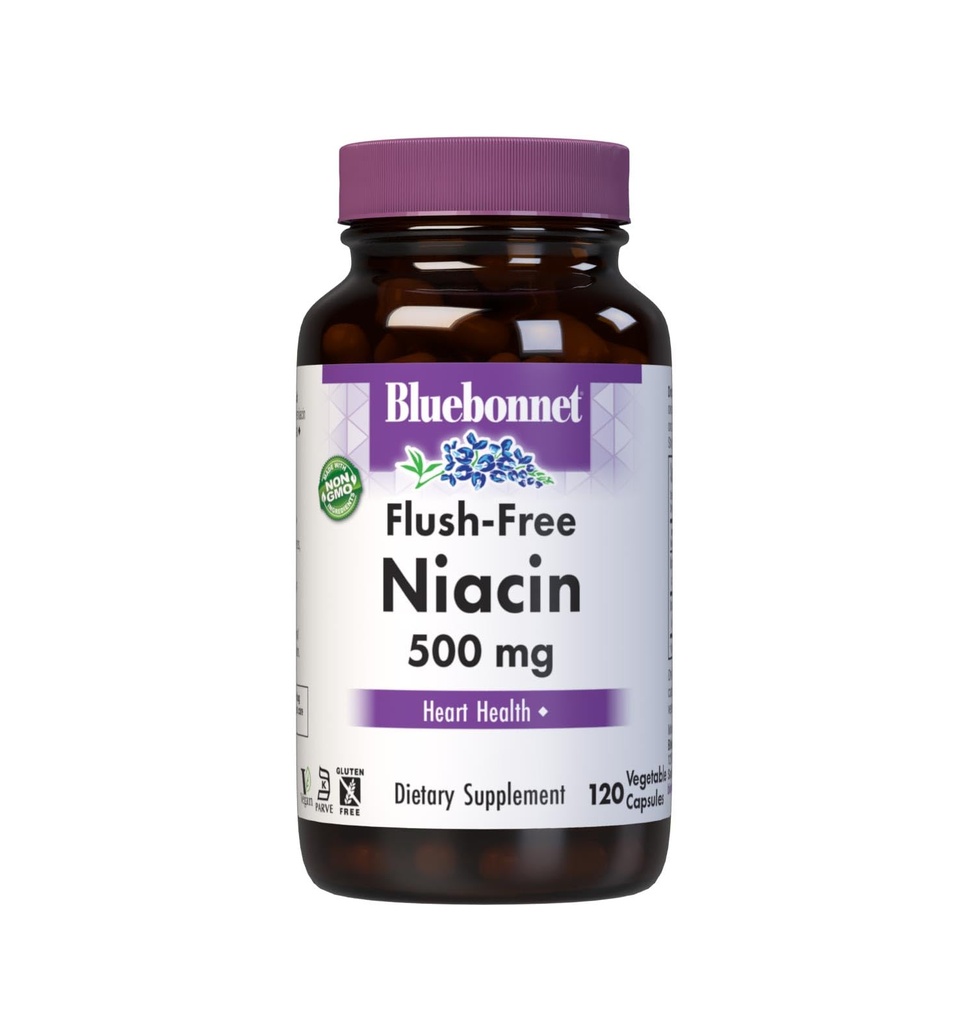 Bluebonnet Nutrition Flush-Free Niacine 500mg, pour le soutien cardiovasculaire alimentaire Capsules végétales, sans soja/lait/gluten, non-OGM, certifié Kosher, végétalien, blanc, 120 comte