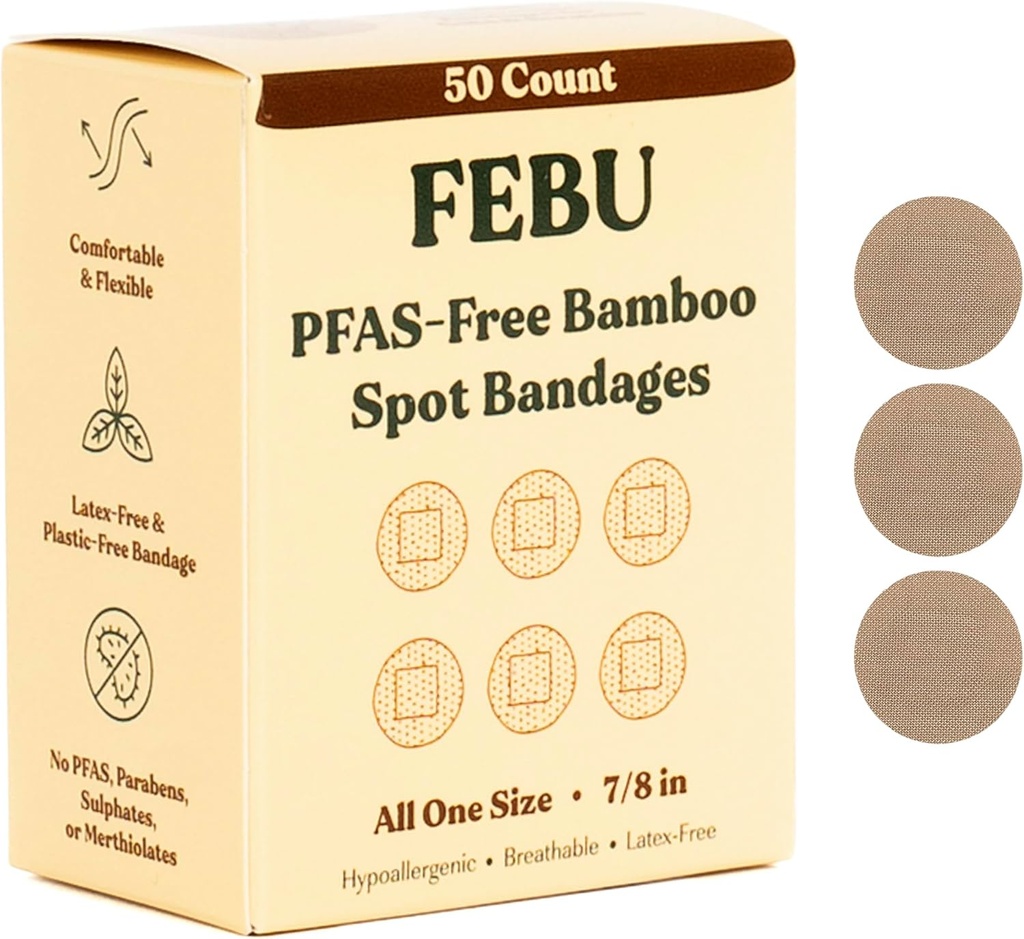 Bandaggi in tessuto Eco-Friendly Bamboo FEBU | Bandages PFAS Free per Scrapes & Cuts | Bandage in tessuto flessibile | Bandage completamente compostable, Latex Free Bandage | 50 Count Spot
